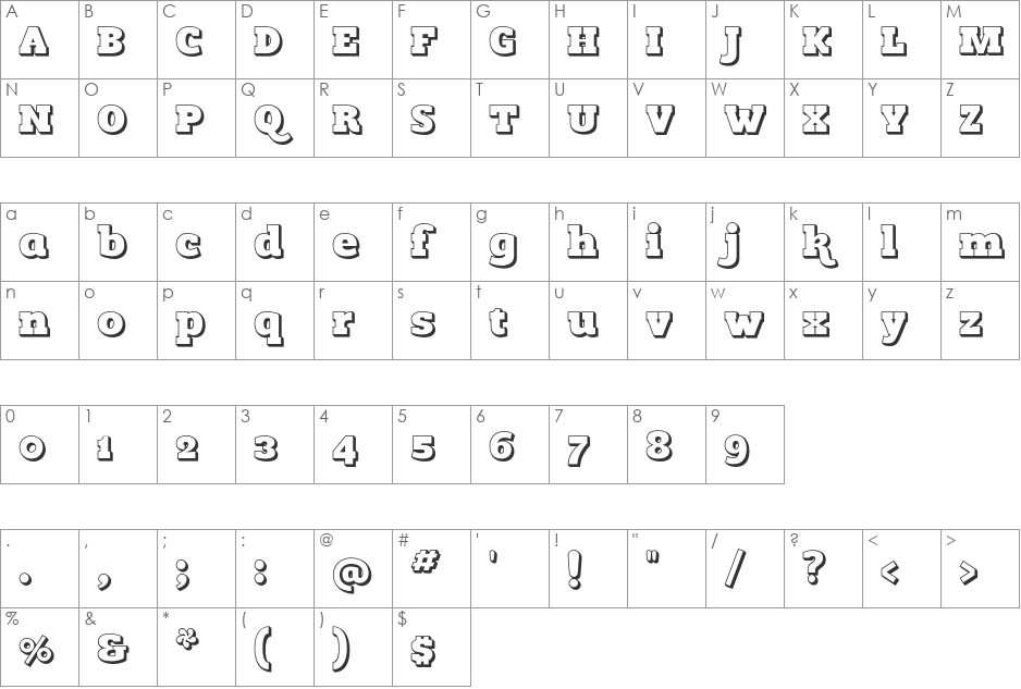 Romeral inline font character map preview