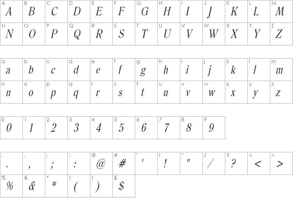 Roomy-Condensed font character map preview