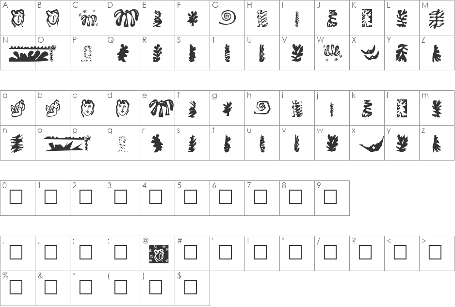 Roots font character map preview