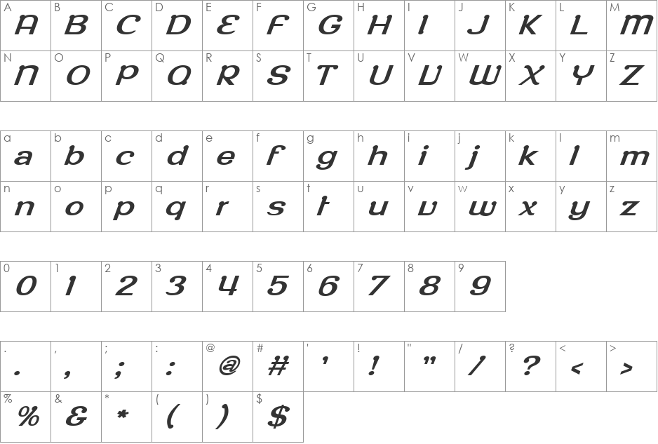 RoppongiOblique font character map preview