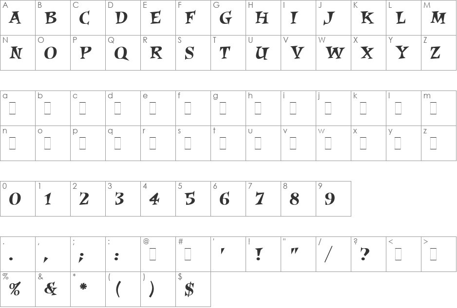 Roquette font character map preview