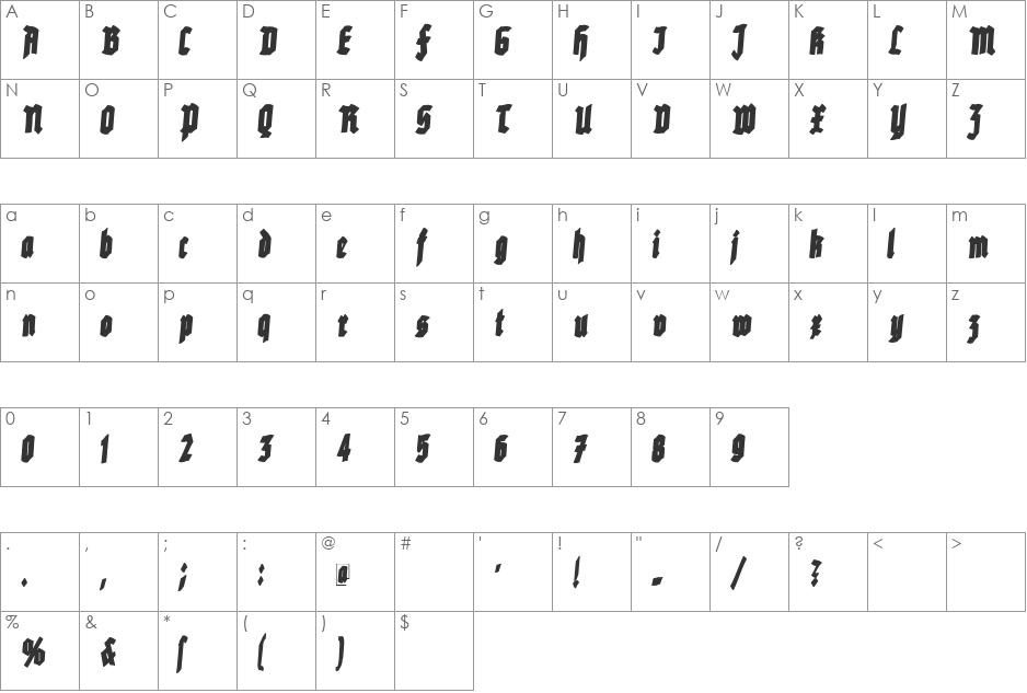 RottenScript font character map preview