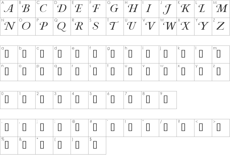 Roxanne font character map preview