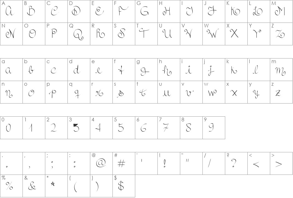 RoyalnCurvy font character map preview