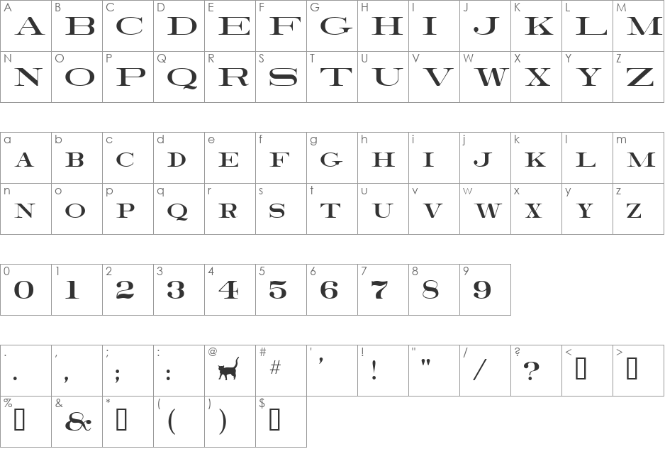 RRRoman font character map preview