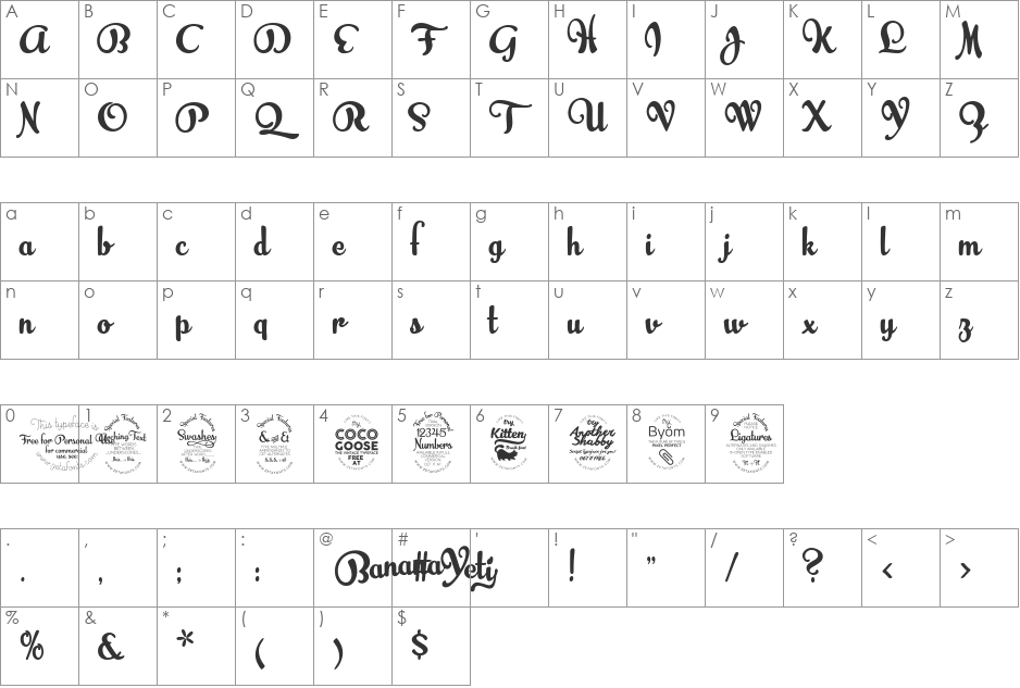 Banana Yeti font character map preview