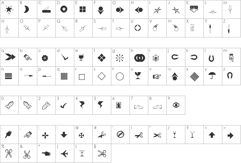 RSBillsDingbats font character map preview