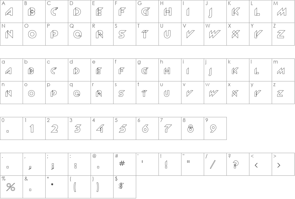 Rsnewgrrtt Hollow font character map preview