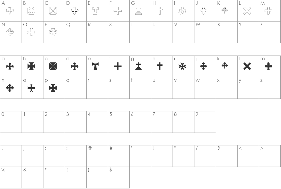 RTA Cross font character map preview