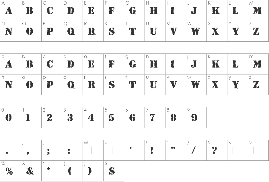 Rubber Stamp LET font character map preview
