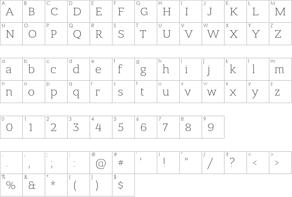 Bandera Pro Light font character map preview