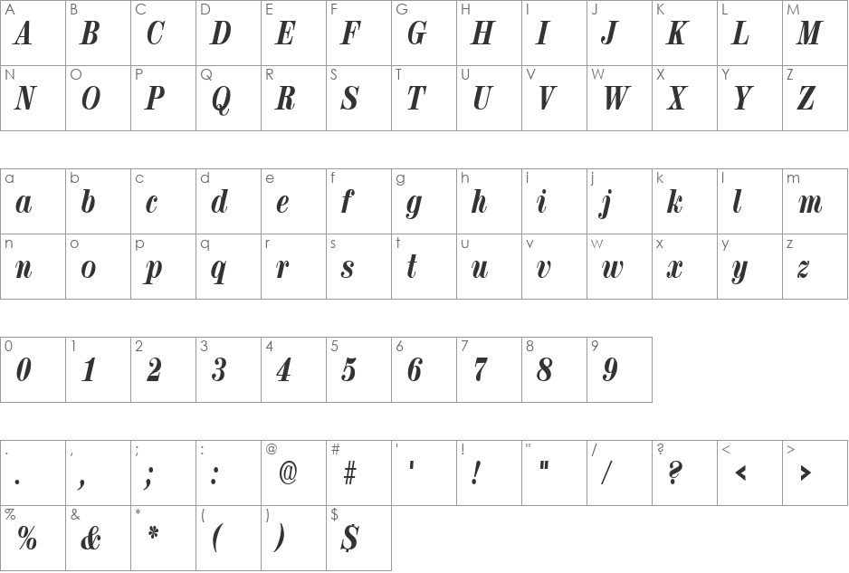 RubyScriptNarrowXbold font character map preview