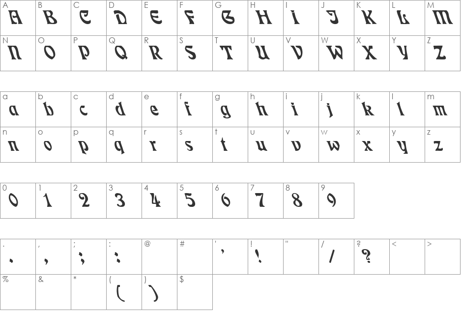 Rudelsberg Lefty font character map preview