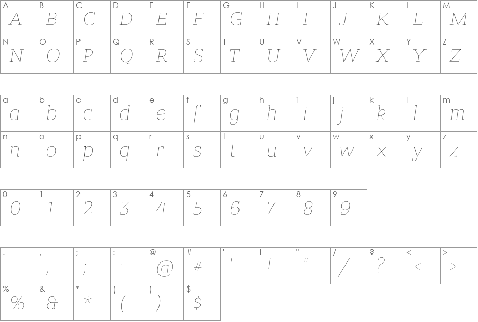 Bandera Pro Thin font character map preview