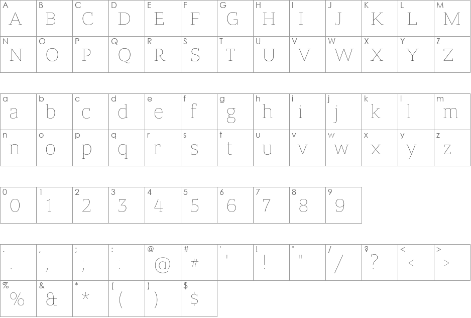 Bandera Pro Thin font character map preview