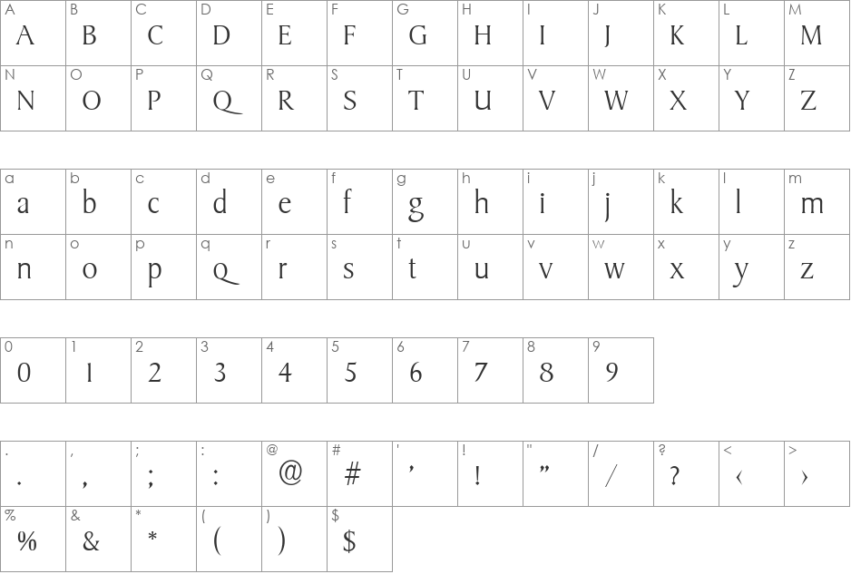 RudyBecker-ExtraLight font character map preview