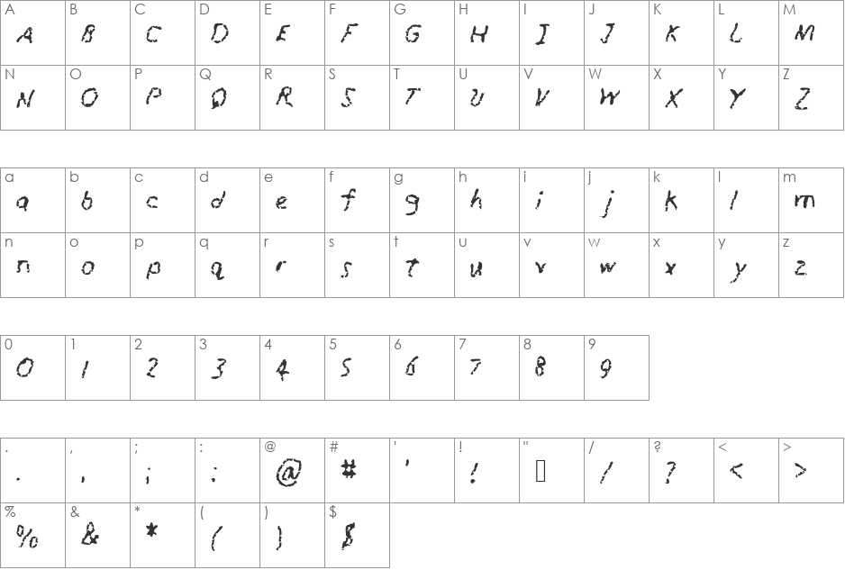 Runaway_Crayon font character map preview
