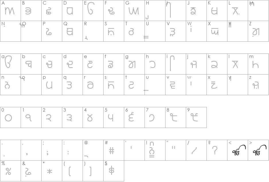 Rupe Outline 3 Light font character map preview