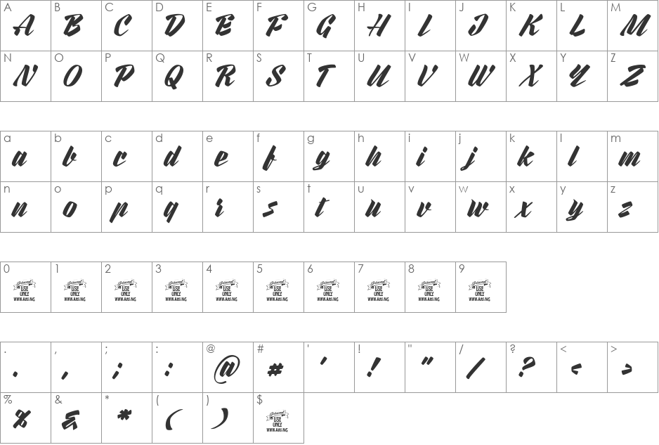 Rurable Personal Use Only font character map preview