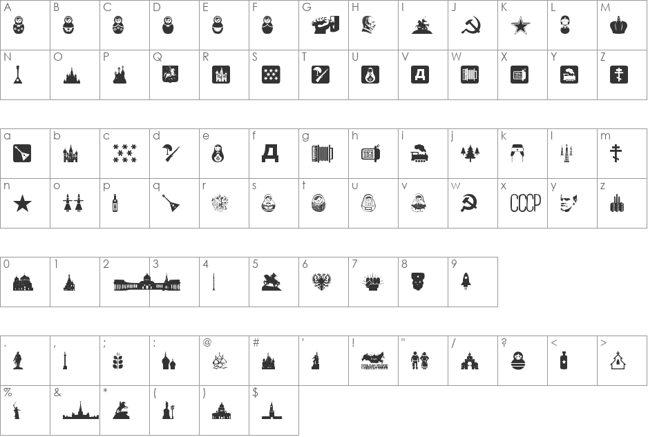 Russia font character map preview