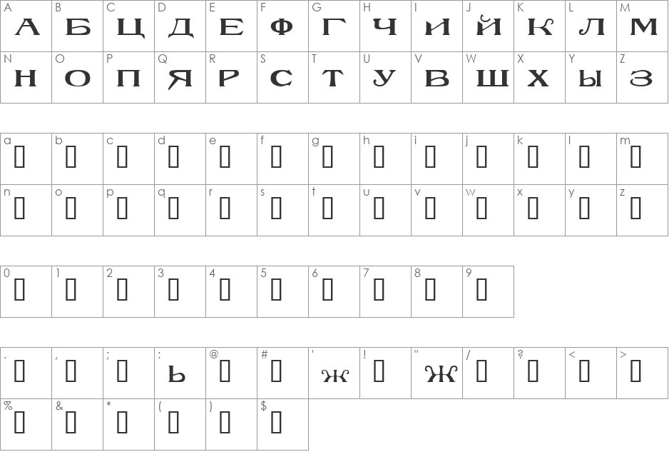 Russkij font character map preview