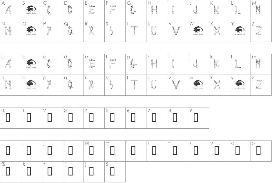 Rusted MachineSW font character map preview