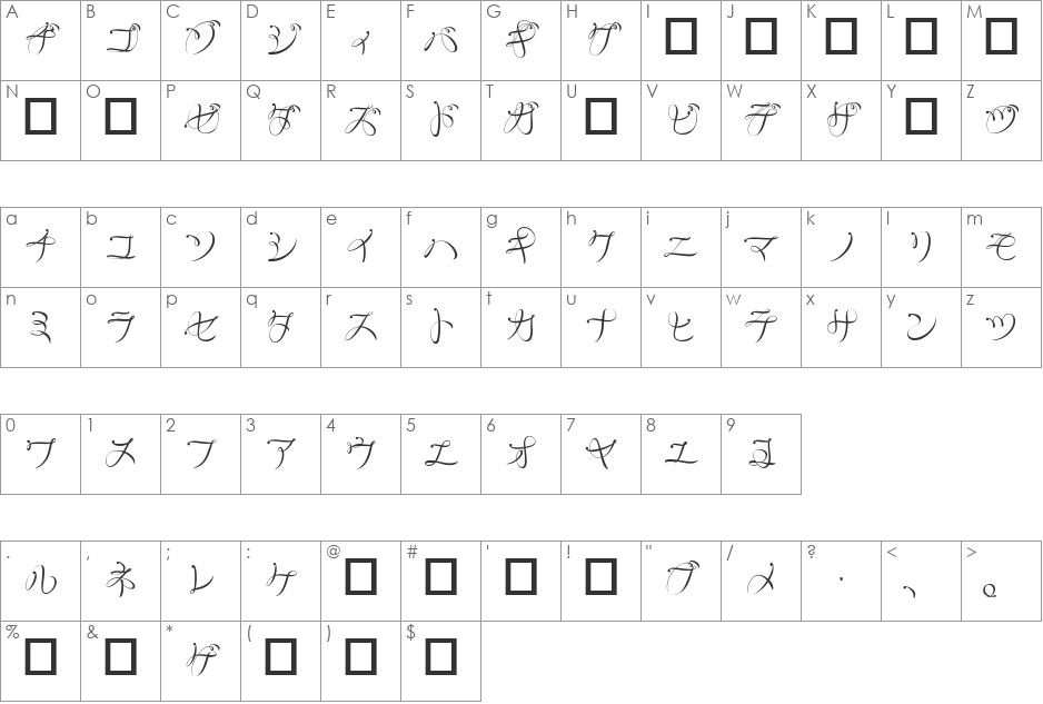 RyusenKat font character map preview