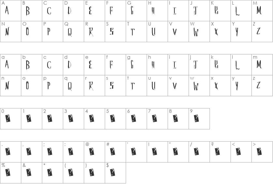 SaberHusk font character map preview