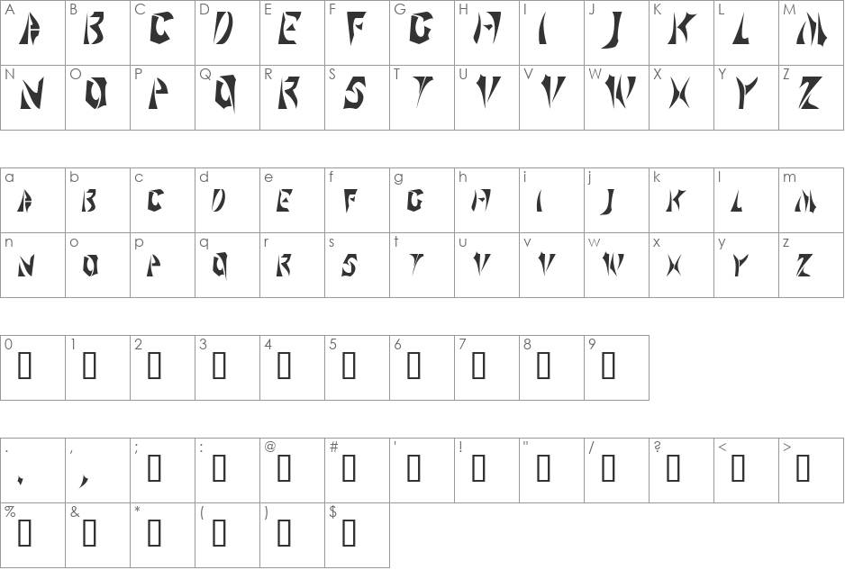 SabertoothCondensed font character map preview