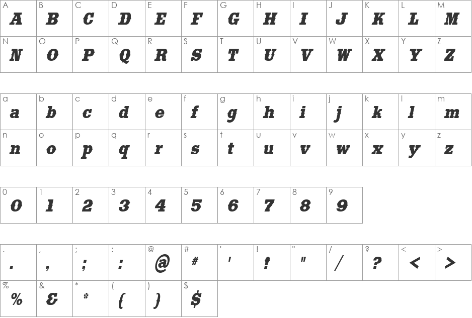 SaddlebagCondensed font character map preview