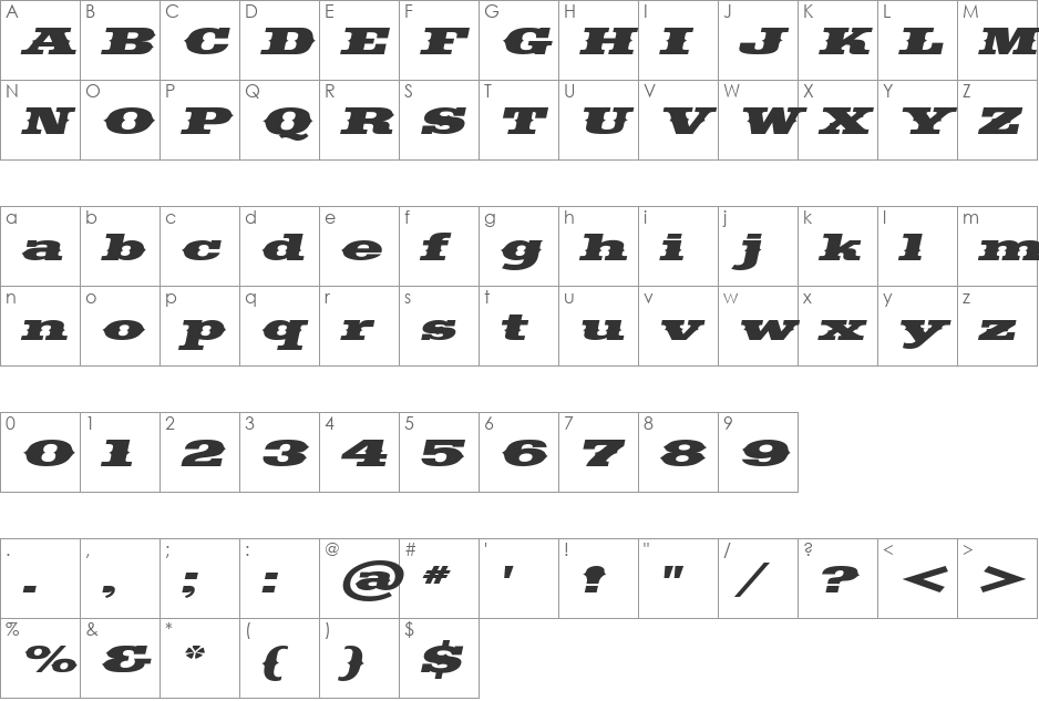 SaddlebagExtended font character map preview