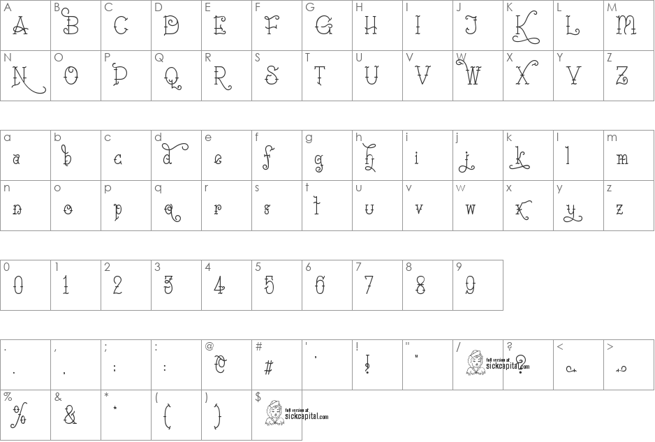 Sailorette Tattoo font character map preview