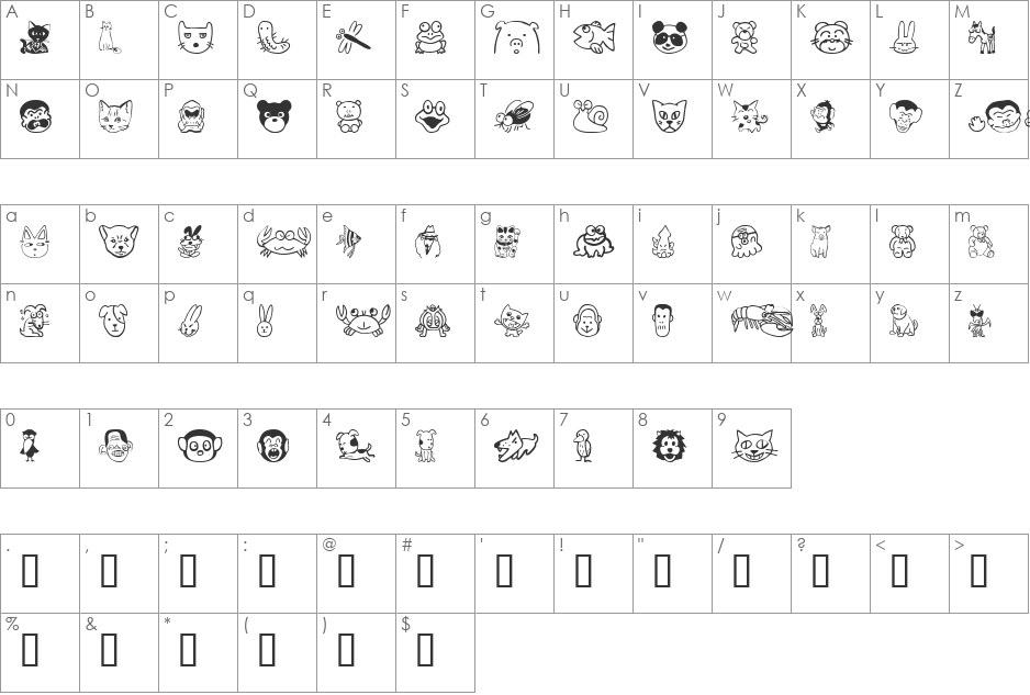 SakabeAnimal01 font character map preview