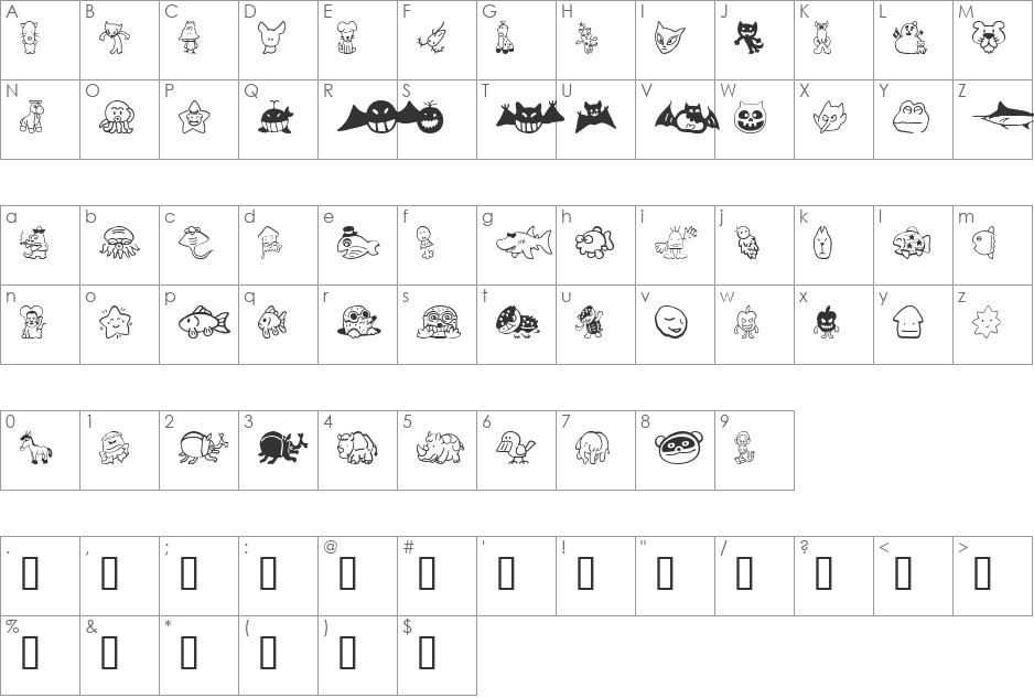 SakabeAnimal02 font character map preview