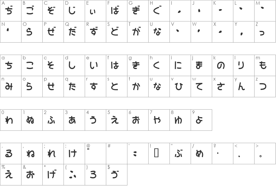 SAKURA Hiragana font character map preview