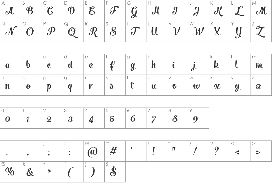 Salamander Script Bold font character map preview