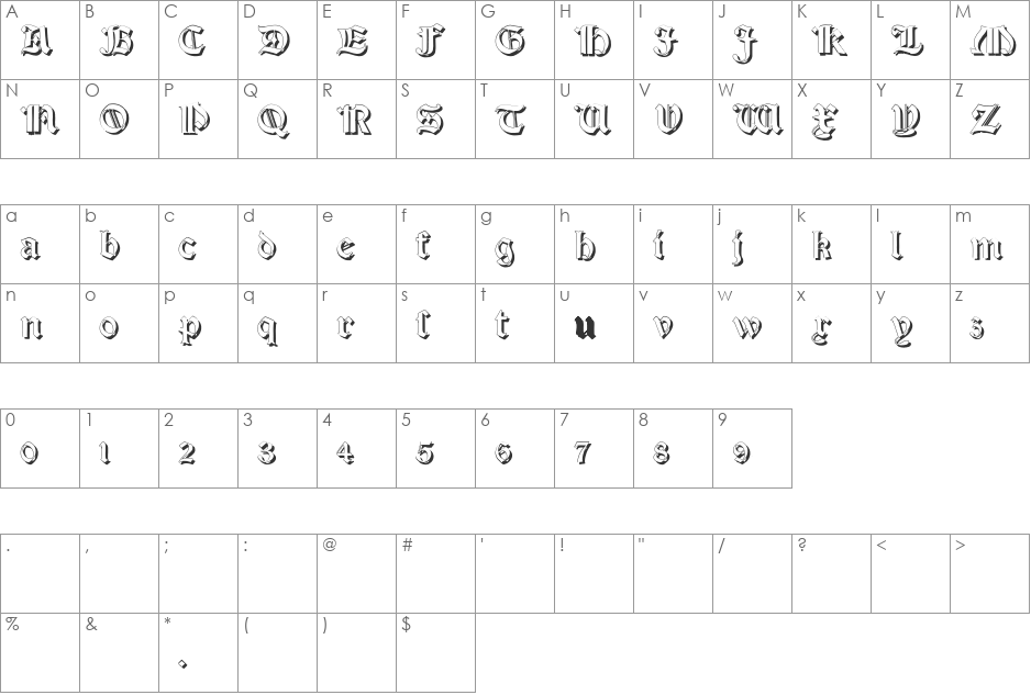Salterio Shadow Two font character map preview