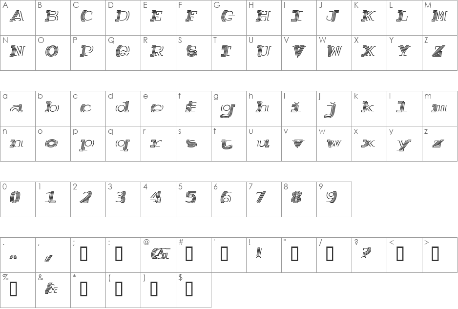 Salutatorian Italic font character map preview