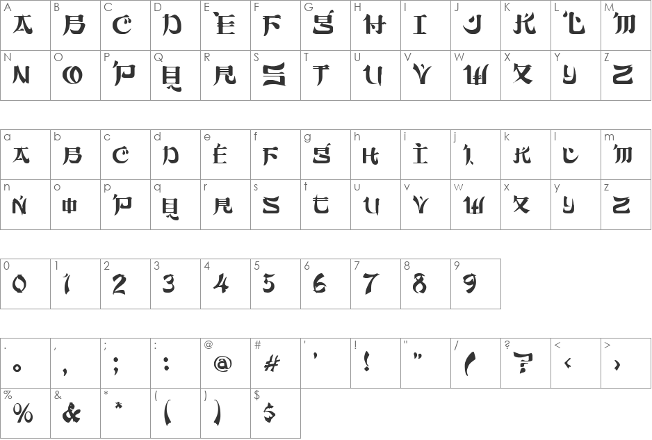 Samurai font character map preview