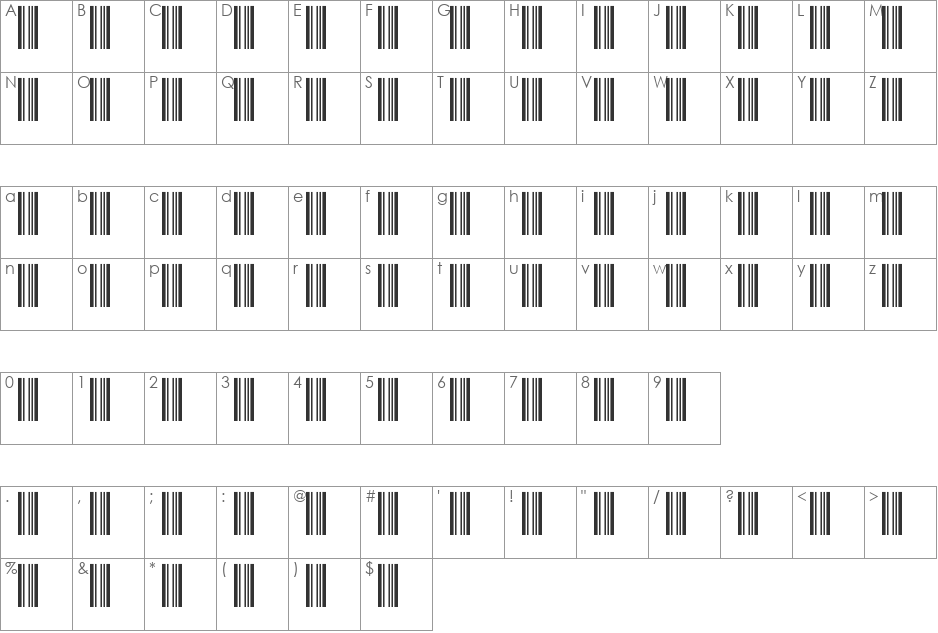 Bar-Code 39 font character map preview