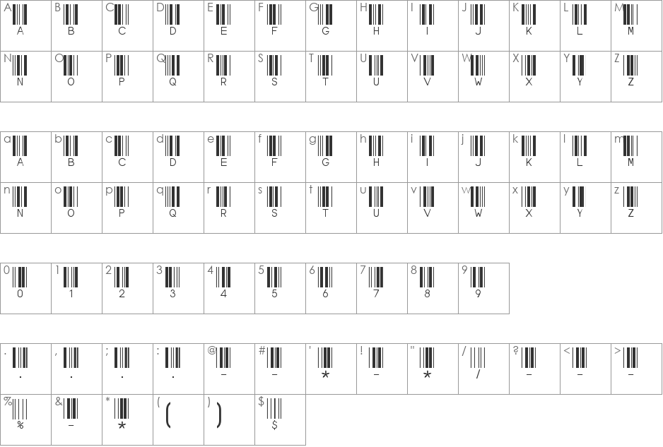 Bar-Code 39 lesbar font character map preview