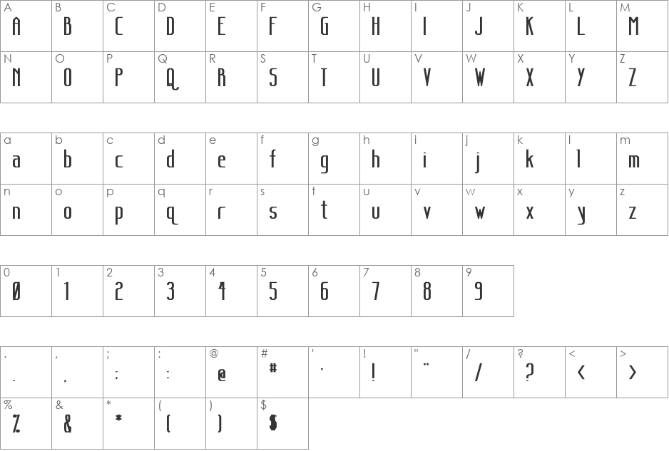 Sanity Wide font character map preview