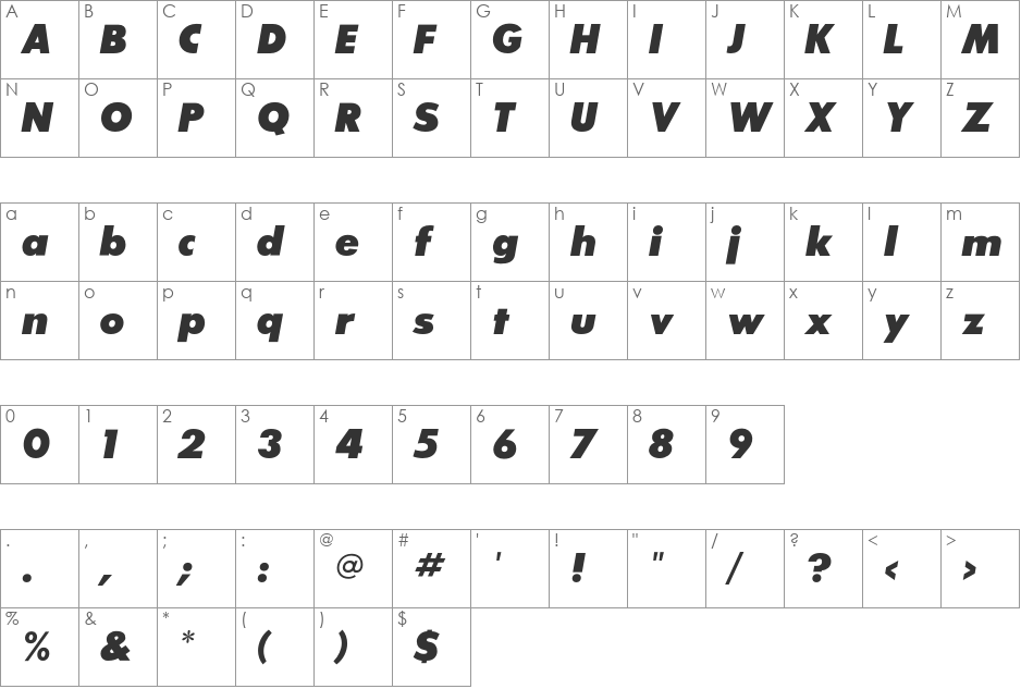 SansSerifExbFLF font character map preview