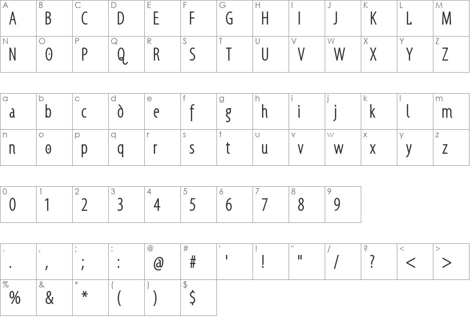 Santana-RegularCondensed font character map preview