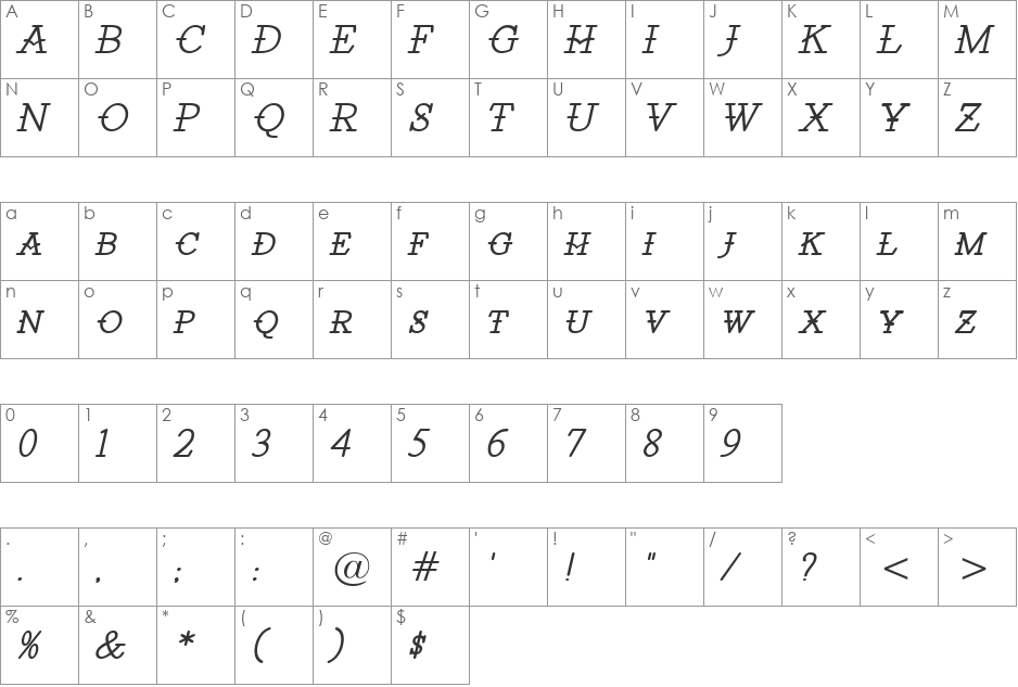 Santiago BTN font character map preview