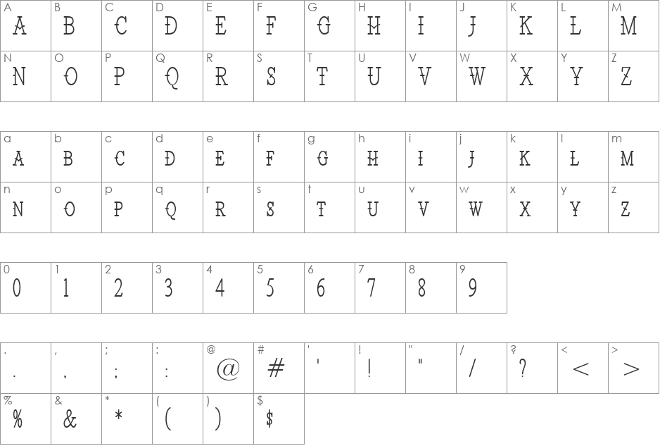 Santiago BTN Condensed Light font character map preview