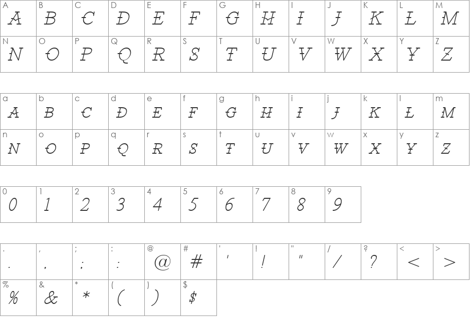 Santiago BTN Light font character map preview