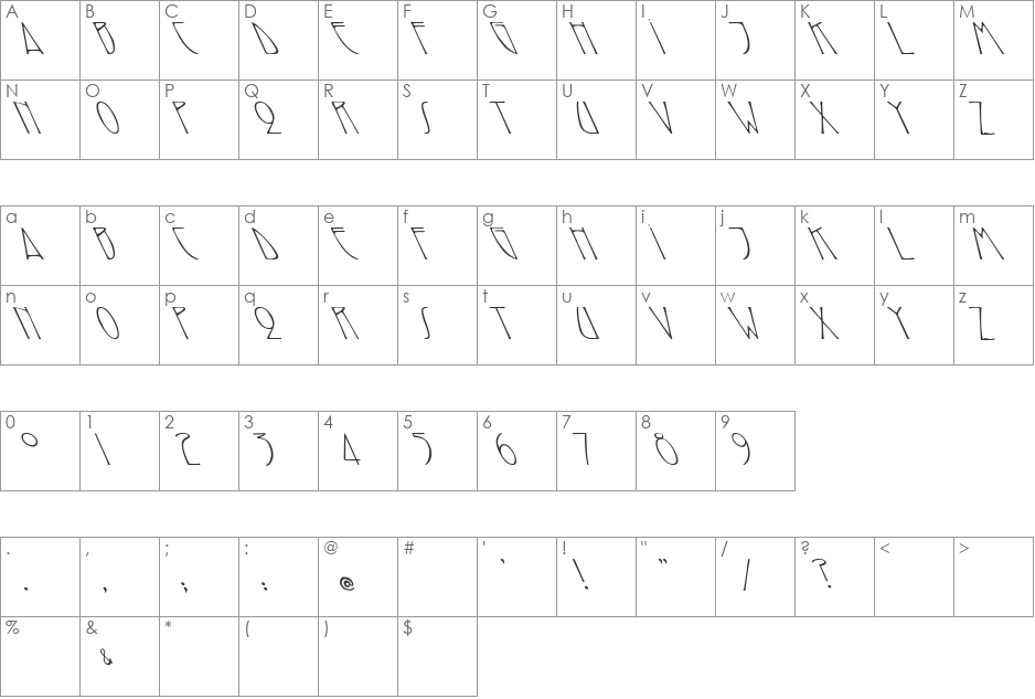 Sarah Caps Extreme Lefti font character map preview