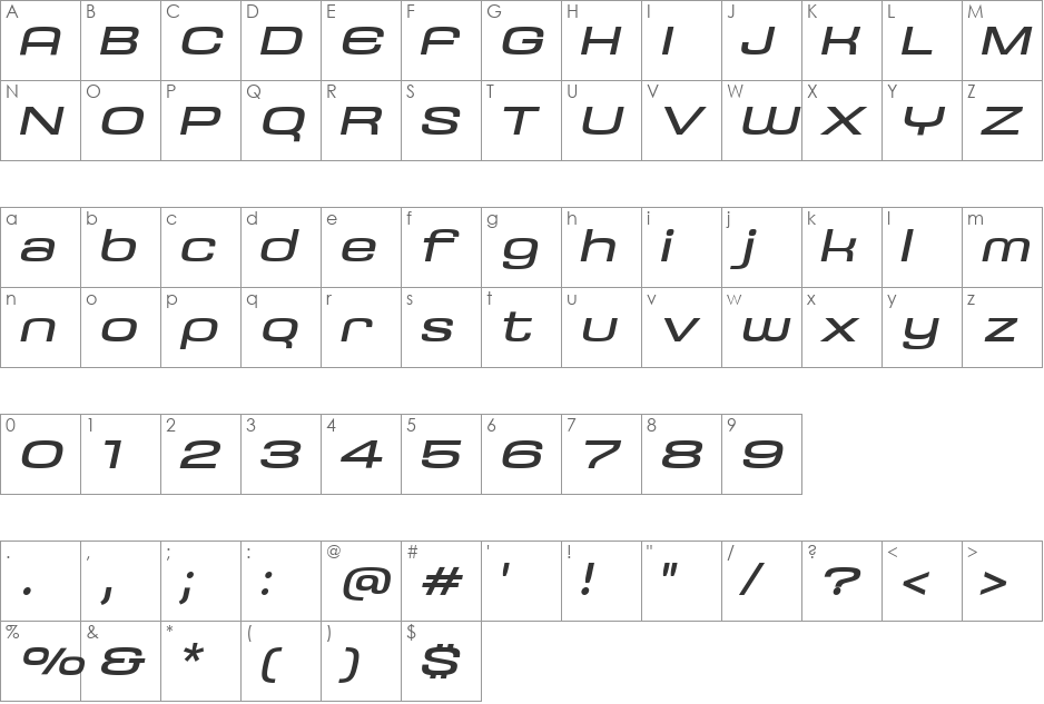 Saturn-ExtendedItalic font character map preview