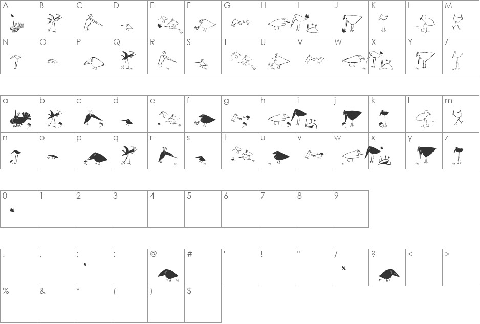 SaulsRandomBirds font character map preview